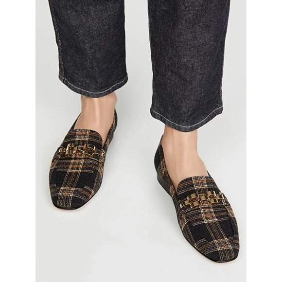 Veronica Beard Shoes - Veronica Beard black plaid tweed chain Alire loafers